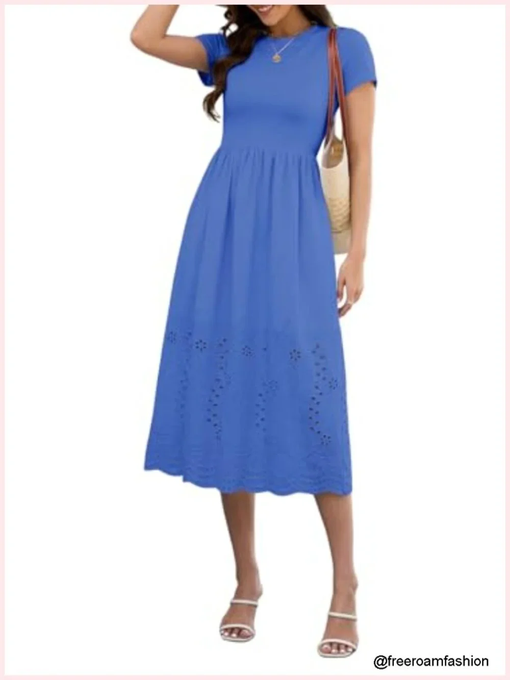Women's Casual Short Sleeve Cotton A-Line Eyelet Maxi Dress with Pockets
